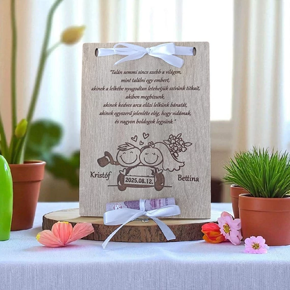 Esküvői pénzátadó tábla, egyedi gravírozással - autós4