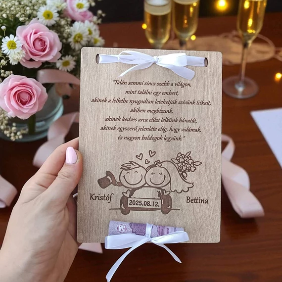 Esküvői pénzátadó tábla, egyedi gravírozással - autós5